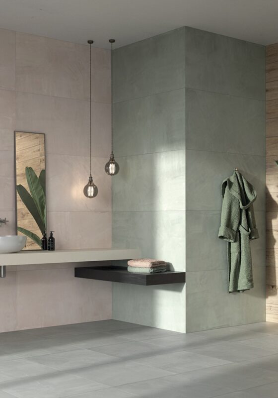 Salle de bain avec la collection Paint imitation béton rose et sauge (Salvia)