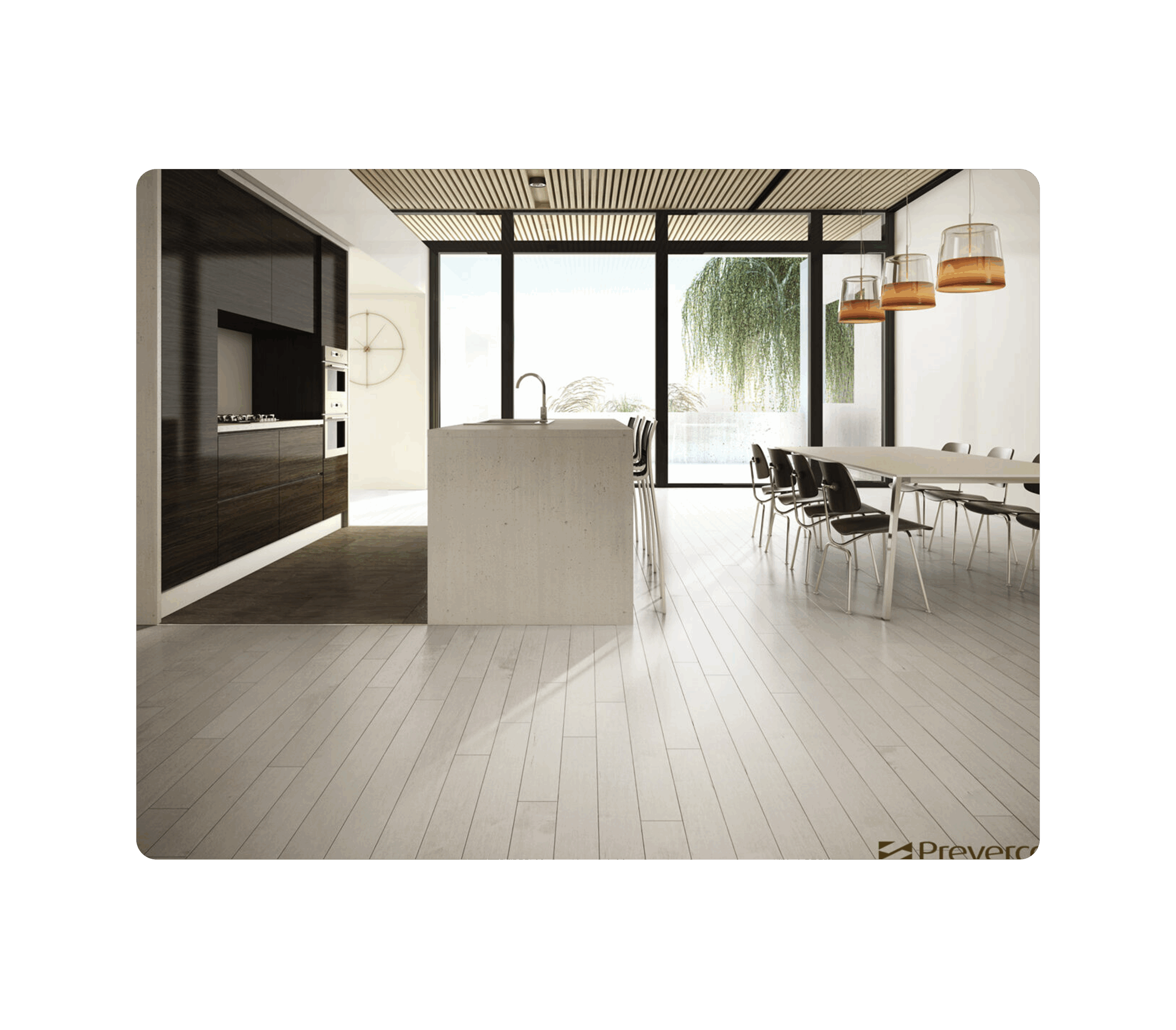 Modern bright kitchen with light pre-oiled hardwood flooring, featuring a contemporary design by La Tuilerie.