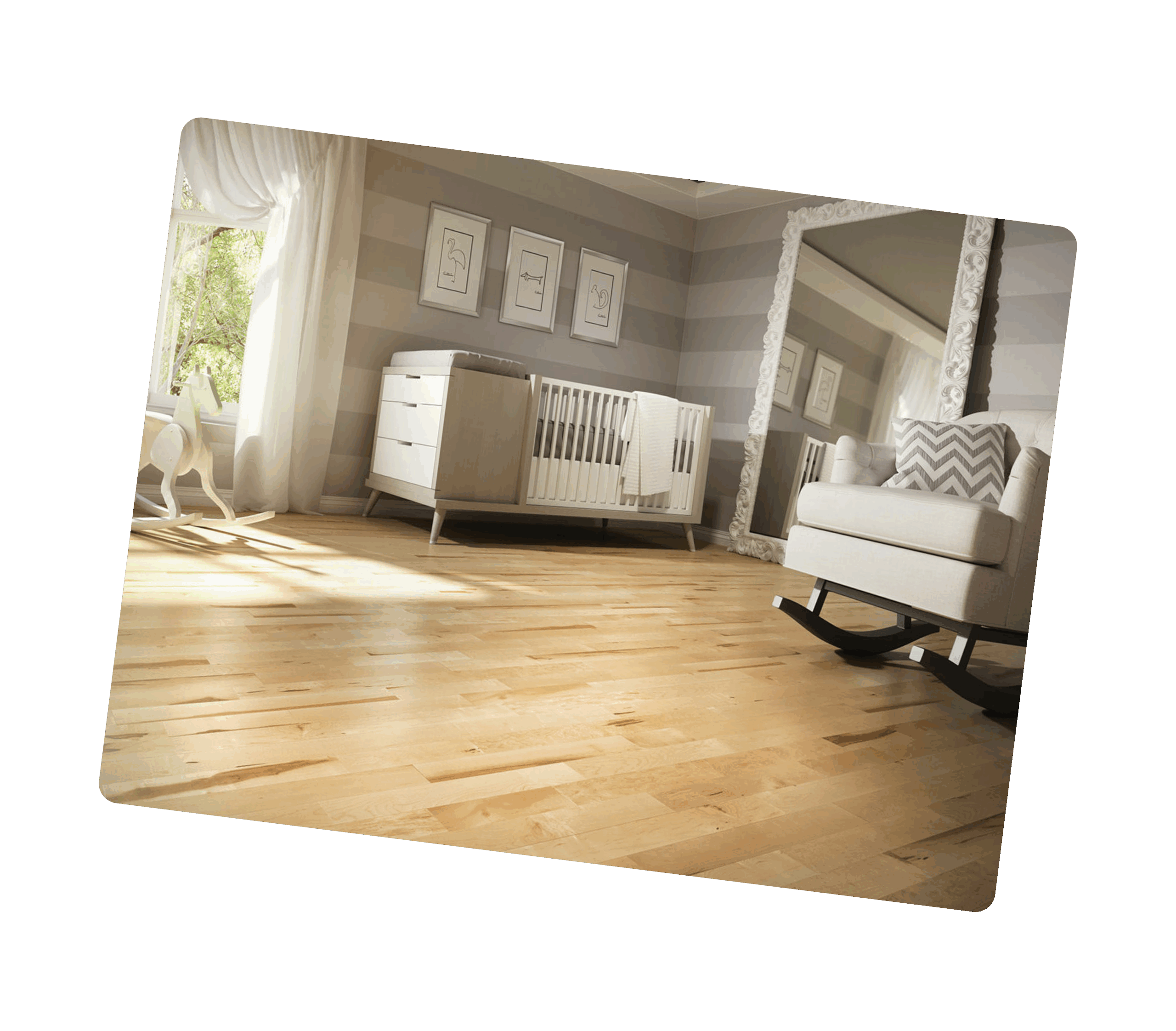 Cozy baby room with natural prefinished hardwood flooring, soft light and peaceful ambiance by La Tuilerie