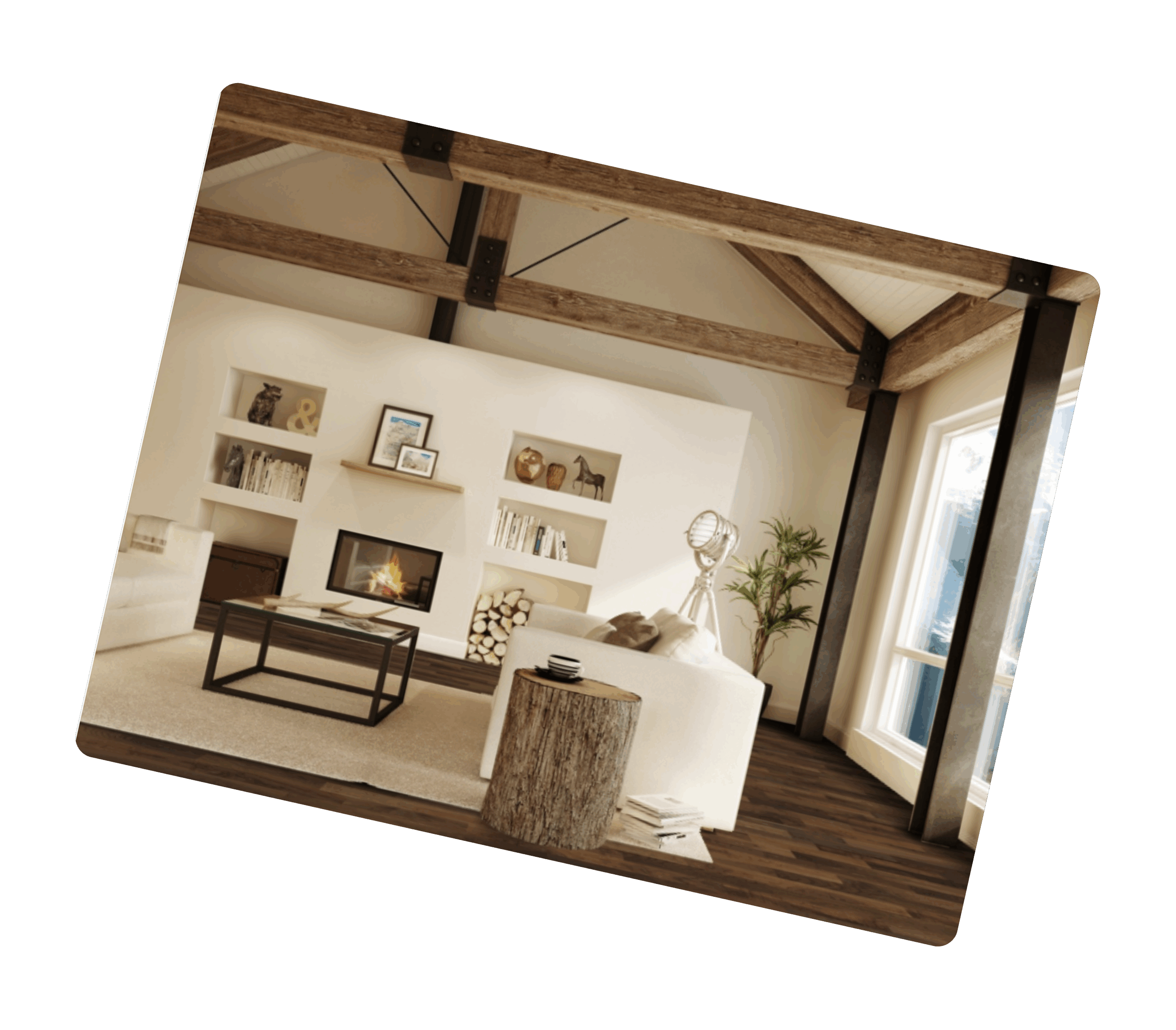 Cozy living room with exposed beams and dark-stained La Tuilerie solid wood flooring