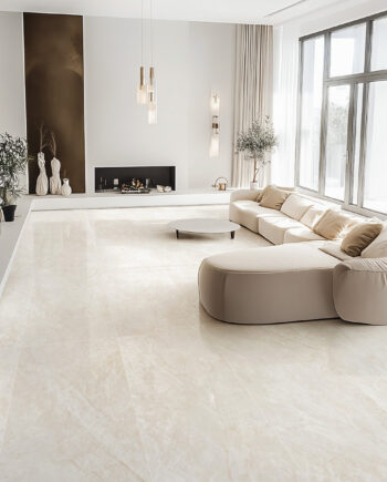 Full view of a room with Taj Mahal quartzite effect tiles and neutral modern furniture