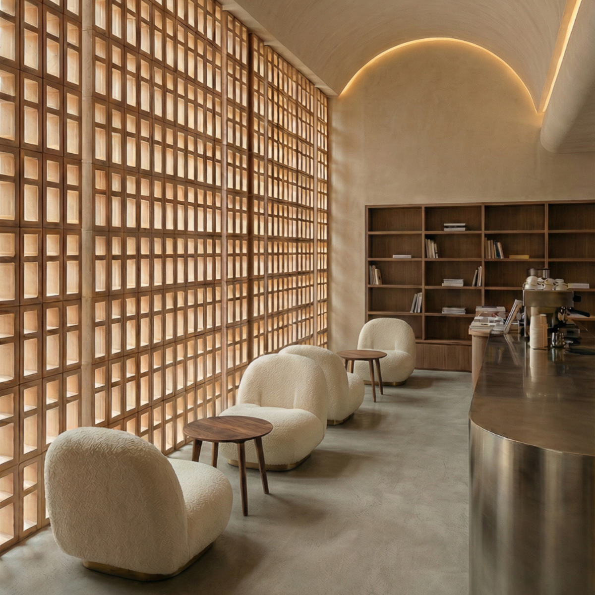 Mur en claustra intérieur dans une aire ouverte séparant deux fonctions, comme le coin salon café et la salle à manger, sans couper la pièce.