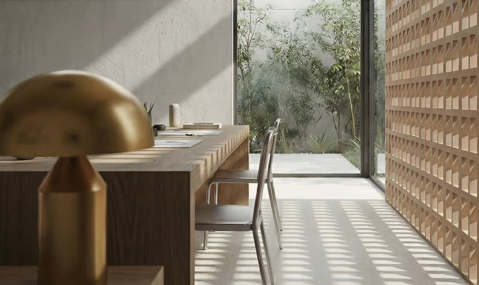 Claustra intérieur créant une séparation visuelle lumineuse pour un coin bureau design tout en conservant une impression d’ouverture naturelle