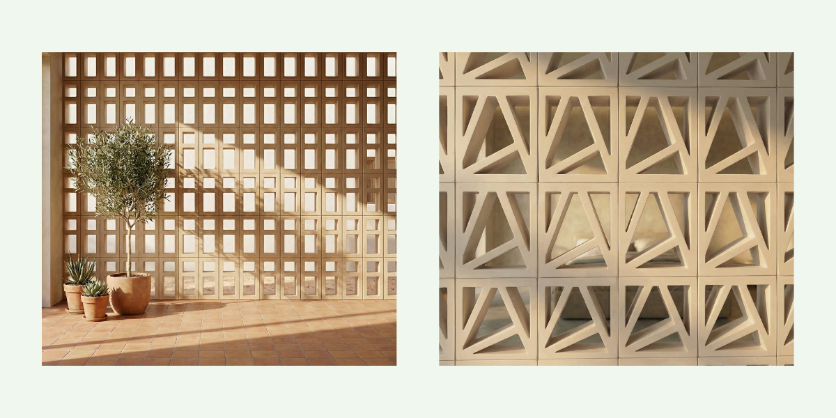 Deux murs en claustra intérieur de la collection Nuet intégrés dans une maison pour définir les zones de vie tout en conservant la clarté du décor.